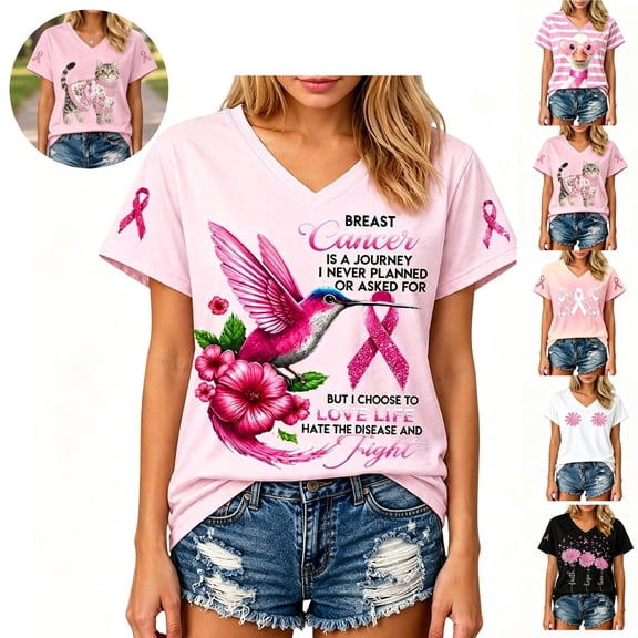 Mfakffe Breast Cancer Shirts for Women October Breast Cancer Awareness V Neck Short Sleeve Tee for Breast Cancer Support & Daily Casual Wear