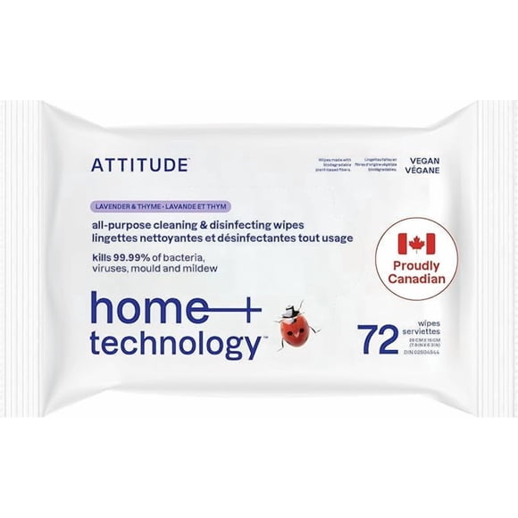 ATTITUDE Lingettes Désinfectantes Tout Usage, Éliminent 99,99 % des Germes et des Virus, Biodégradables, Véganes, Parfum Lavande et Thym, 72 Unités