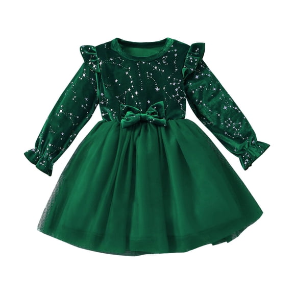 Girls Emerald Green Velvet Christmas Dress with Tulle Skirt & Star Accents Long Sleeve Holiday Party Dress,Size 7-8 T