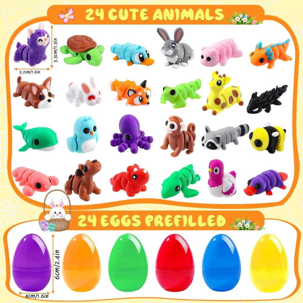 Prefilled Easter Eggs Set, 24 Count Plastic Eggs With 3D Printed Animal Toys, Basket Stuffers For Kids, Classroom Prizes, Party Favors, Assorted Colors