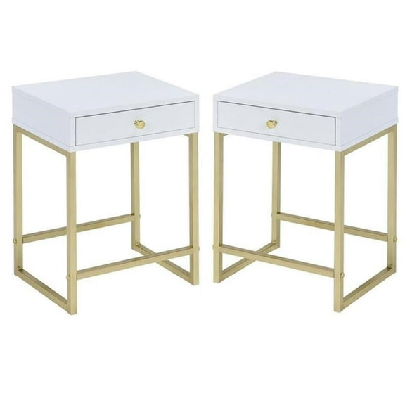 Home Square 2-Piece Furniture End Table Set in White and Brass