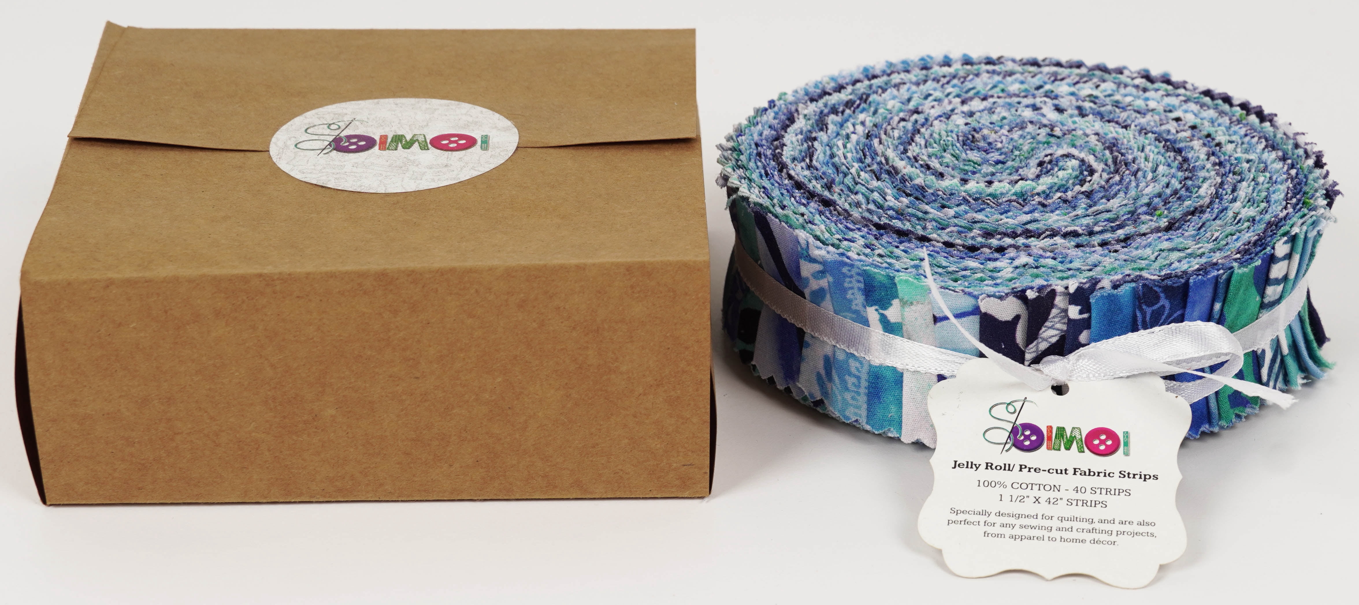 Soimoi 40Pcs Batik Print Precut Fabrics Strips Roll Up 1.5x42inches Cotton Jelly Rolls For Quilting - Sea Green & Blues