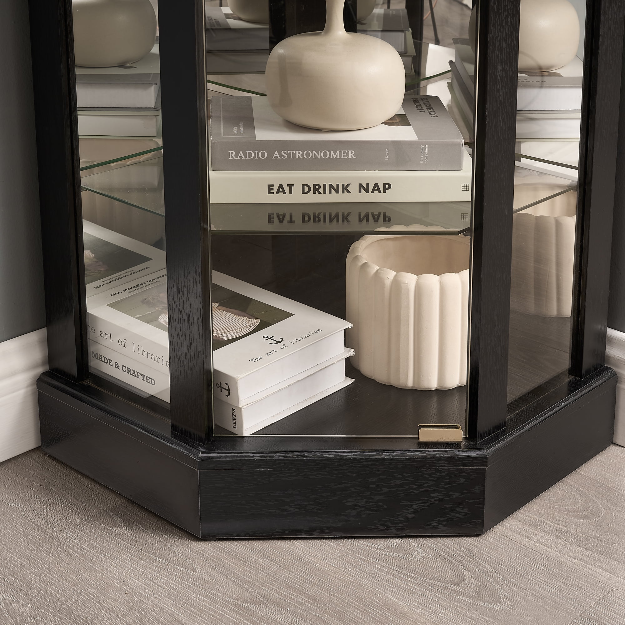 Leumius Glass Cabinet Lighted Corner Cabinet Corner Display Curio Cabinet, Glass Display with Light(Included)Bar Cabinet,Wine Cabinet with Adjustable Glass Shelves for Home Decor Black