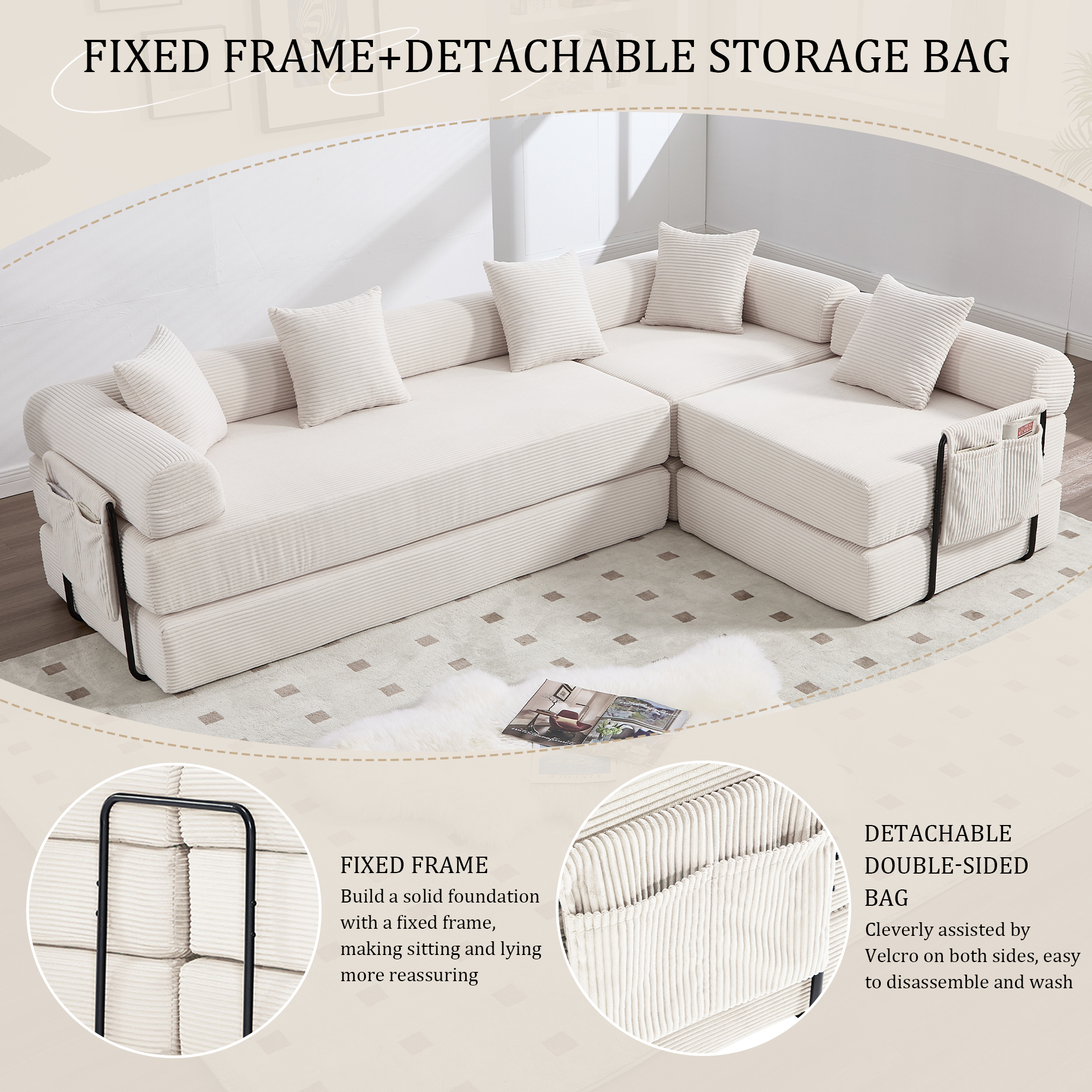 MOONMISS Corduroy Upholstered Convertible Folding Sofa Bed with Fixed Frame and Pillow Back Handrail-Beige