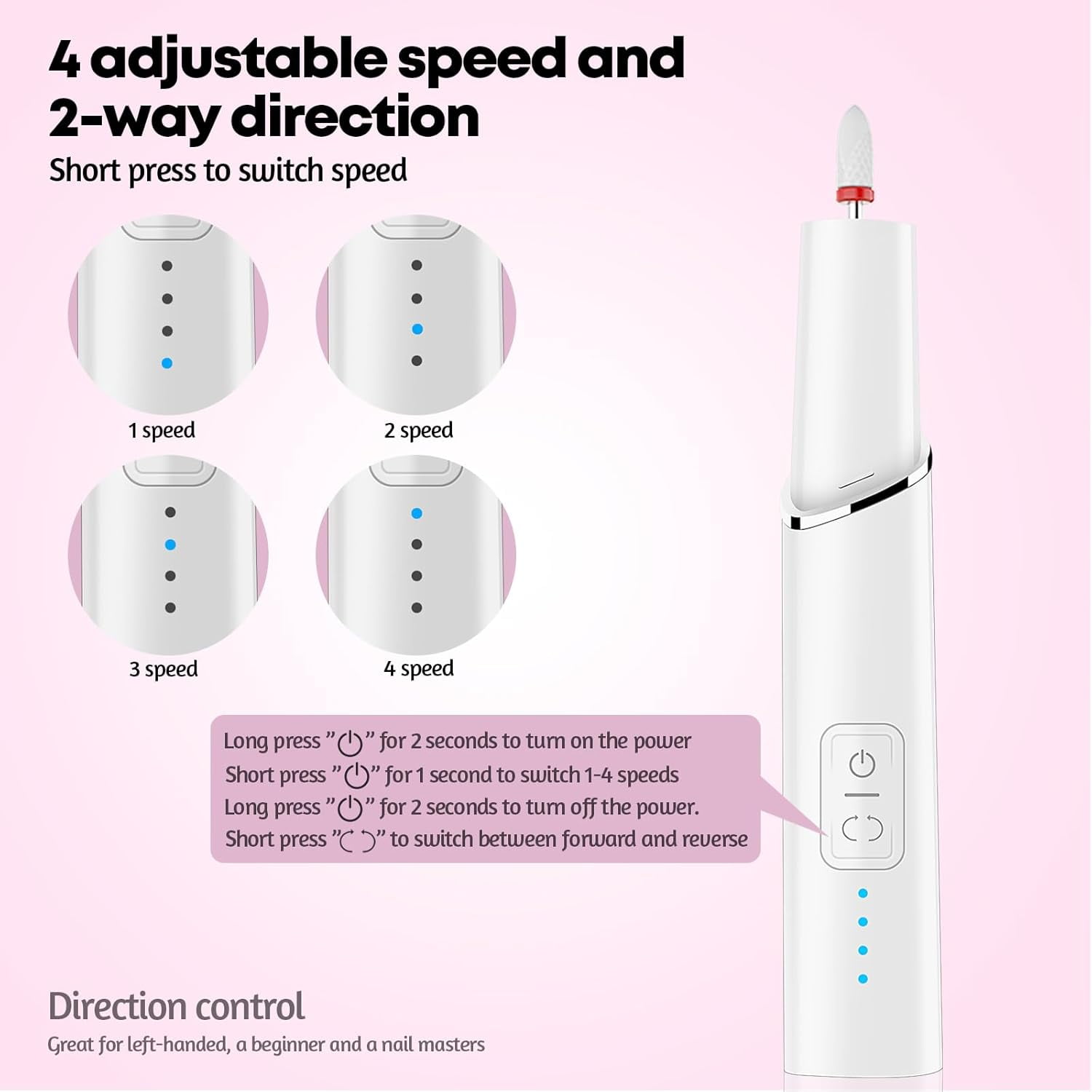 Electric Nail Files for Acrylic Nail Gel, Professional Nail Drill Kit 15000RPM 4 Adjustable Speed, 6 Drill Bits, Manicure Pedicure Set for Beginner Women Men