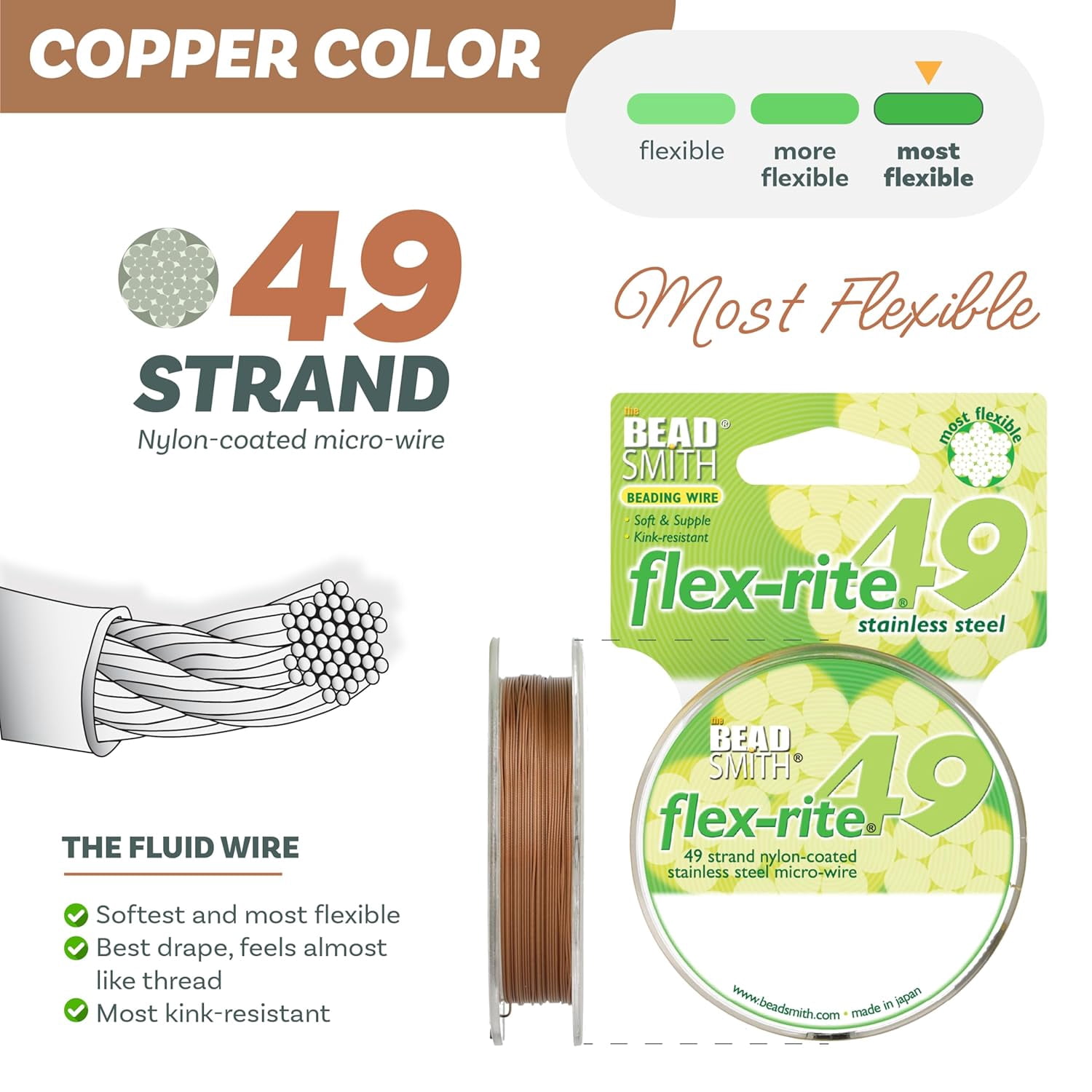 The Beadsmith Flex-Rite Beading Wire - 49-Strand, 0.018" (0.45 mm) Dia, Copper, 30 ft
