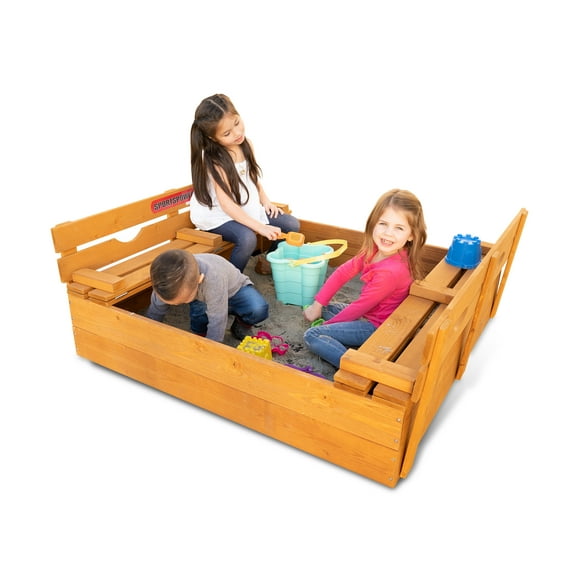 Sportspower™ 4.2’ x 4’ Rectangular Sandbox with 2 Wooden Bench and Ground Liner