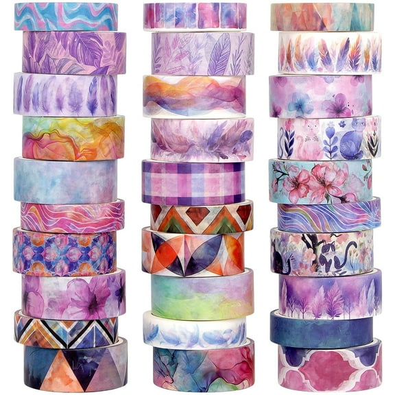 Washi Tape Set 30 Rolls - Colored Decorative Tape, Adhesive Art Tapes for Journaling, Scrapbooking Supplies, DIY Crafts, Junk Journal, School Supplies, Pink Purple Washi Tpae
