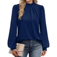 thumbnail image 3 of Camisas de Larga para Mujer, Blusas de Cuello Alto con Pliegues Delanteros, Ropa Informal Elegante para Otoño. Azul Marino L, 3 of 5
