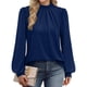 thumbnail image 3 of Camisas de Larga para Mujer, Blusas de Cuello Alto con Pliegues Delanteros, Ropa Informal Elegante para Otoño. Azul Marino XXL, 3 of 5