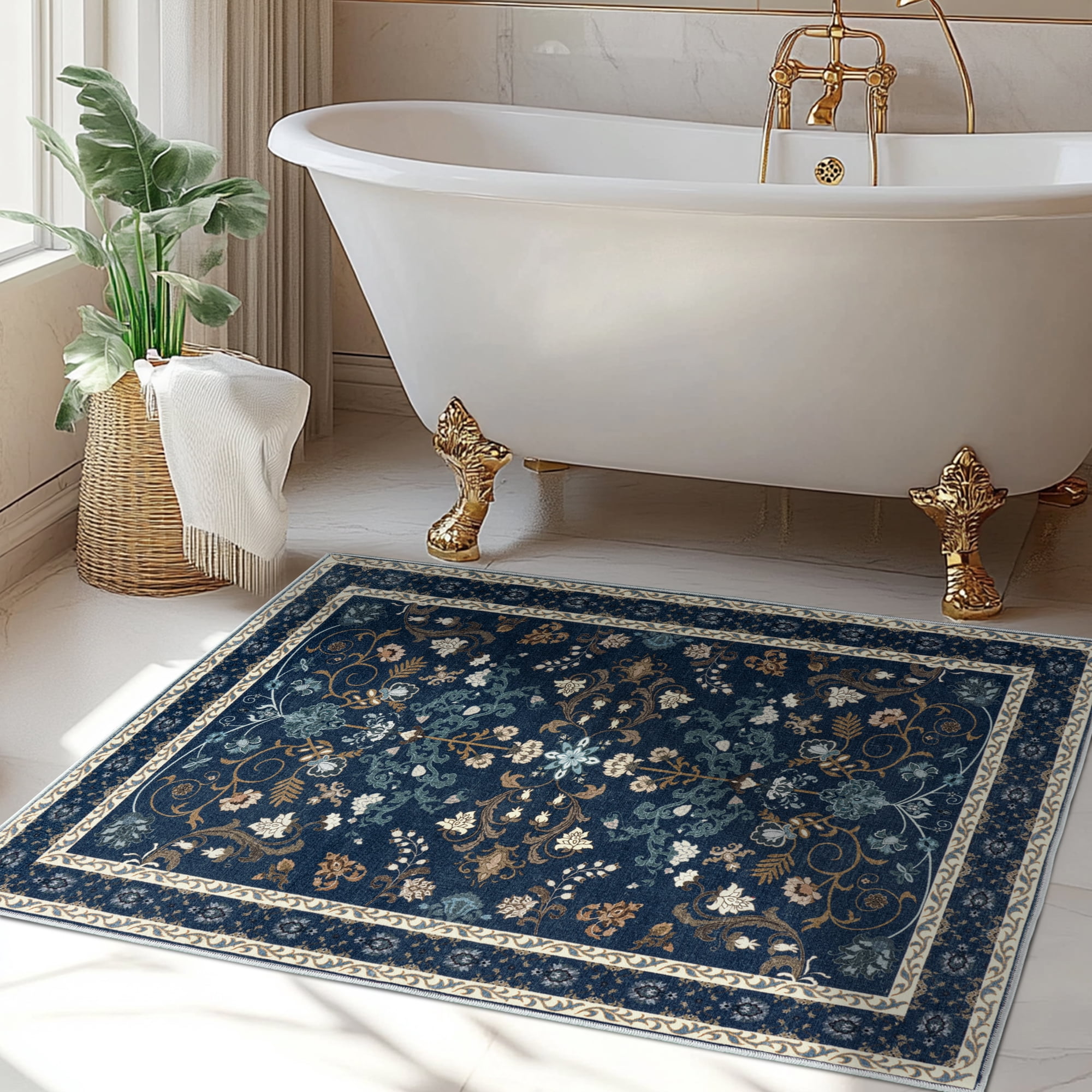 ZENELESS 2x3 Indoor Entryway Rug, Washable Non-Slip Carpet,Contemporary Traditional Printed Kitchen Mat,Dark Blue