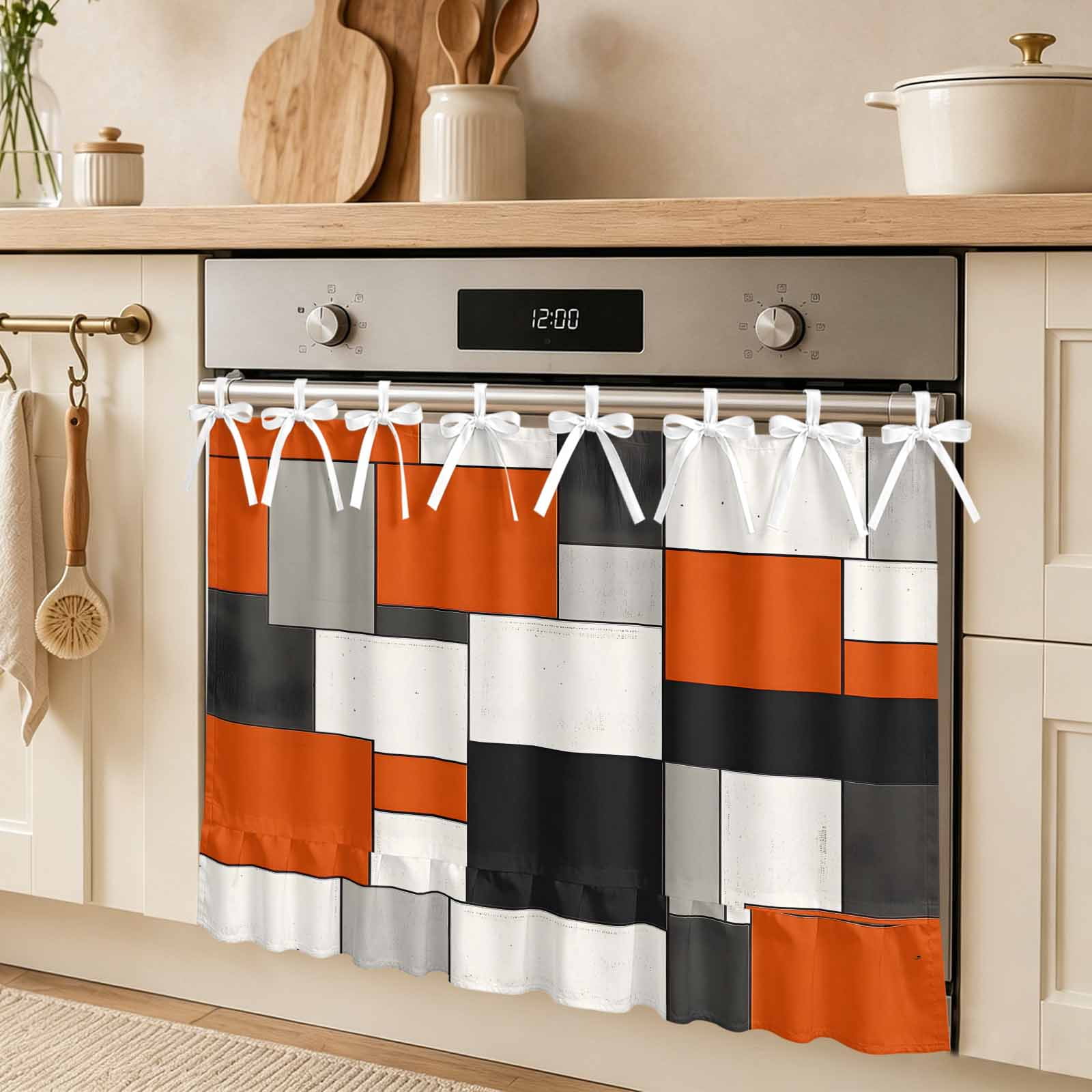 Abstract Color Block Oven Skirt Curtain Orange Black Blocks Tie Top Tier Curtains Stove Dishwasher Skirt Small Window Drapes for Kitchen Bathroom Cafe 27 x20
