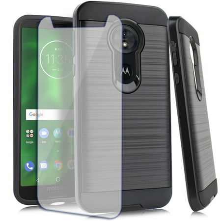 MUNDAZE Motorola Moto G6 Play Brushed Metal Double Layered Case Black, Tempered Glass Screen
