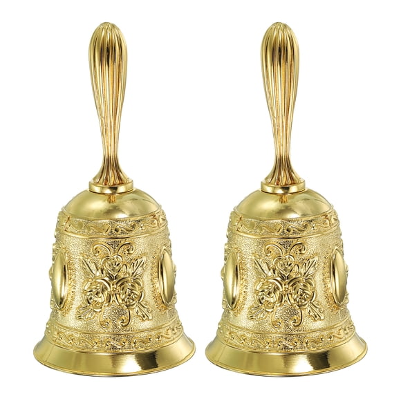 Unique Bargains Hand Bell, 2pcs Dinner Bell Call Bell Vintage Carved Metal for Dinner Service Church Christmas, Gold