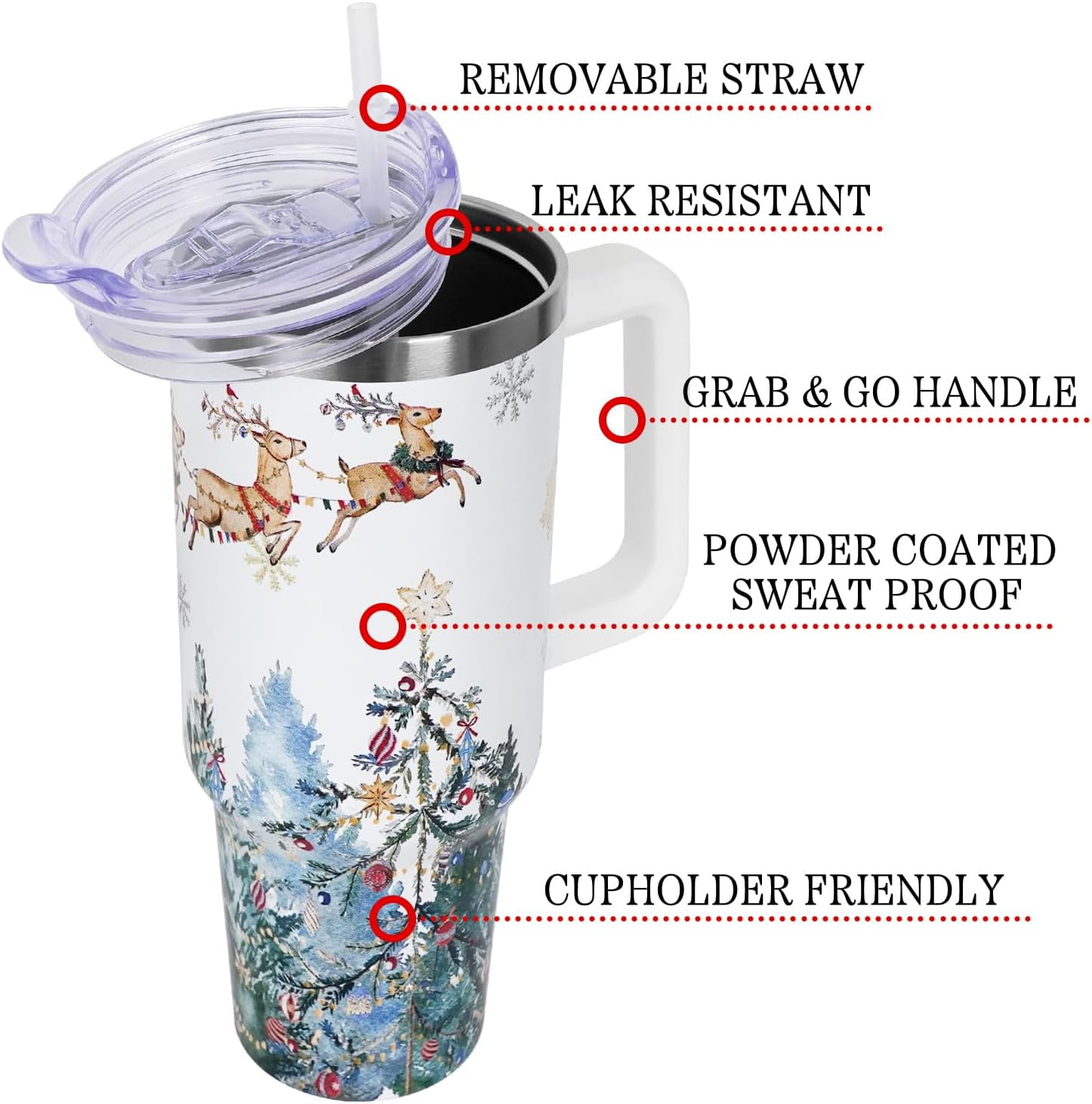 Christmas Gifts 40 oz Tumbler with Handle and Straw Lid,Cute Gifts for Women Santa Claus Sleigh Xmas Tree Vacuum Insulated Leak Proof Tumbler,Winter Holiday Accessories Stainless Steel Coffee Cup Mug