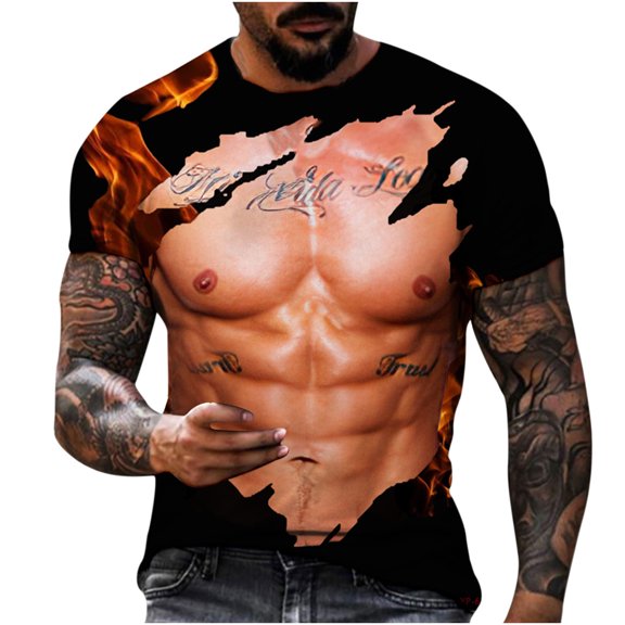 EQWLJWE Men's Short Sleeve Tee Men Casual Round Neck Muscle 3D Digital Printing Pullover Fitness Sports Shorts Sleeves T Shirt Blouse