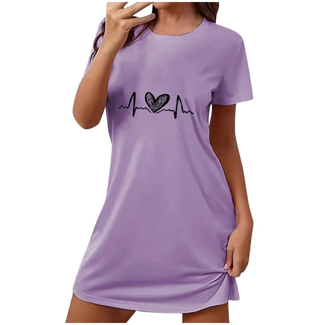 Rbaofujie Chemises de Nuit pour Femmes Robe de Nuit Courte Surdimensionnée pour Femmes Imprimée à Col Rond et Manches Courtes Pyjama pour Filles