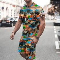 Edvintorg Mens 2 Piece Outfits Summer Plus Size Fashion Suits Hawaiian Print Short Sleeves Casual Beach Short Sleeve Round-Neck Shirts and Shorts Sets Yellow XXXXL