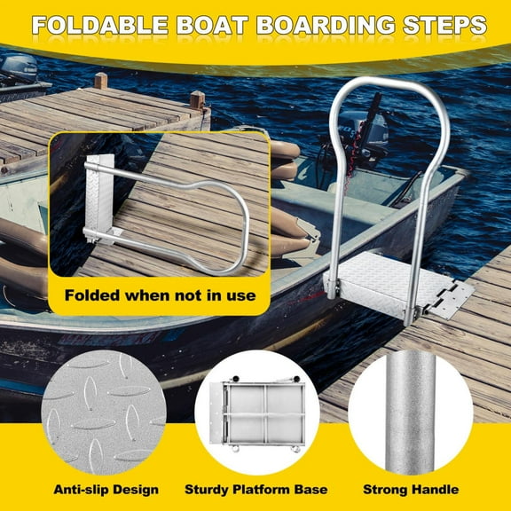 Easy-Fold Boat Boarding Platform with Handrail - Carbon Steel, 500Lbs Capacity Dock Step for Seniors and Youth