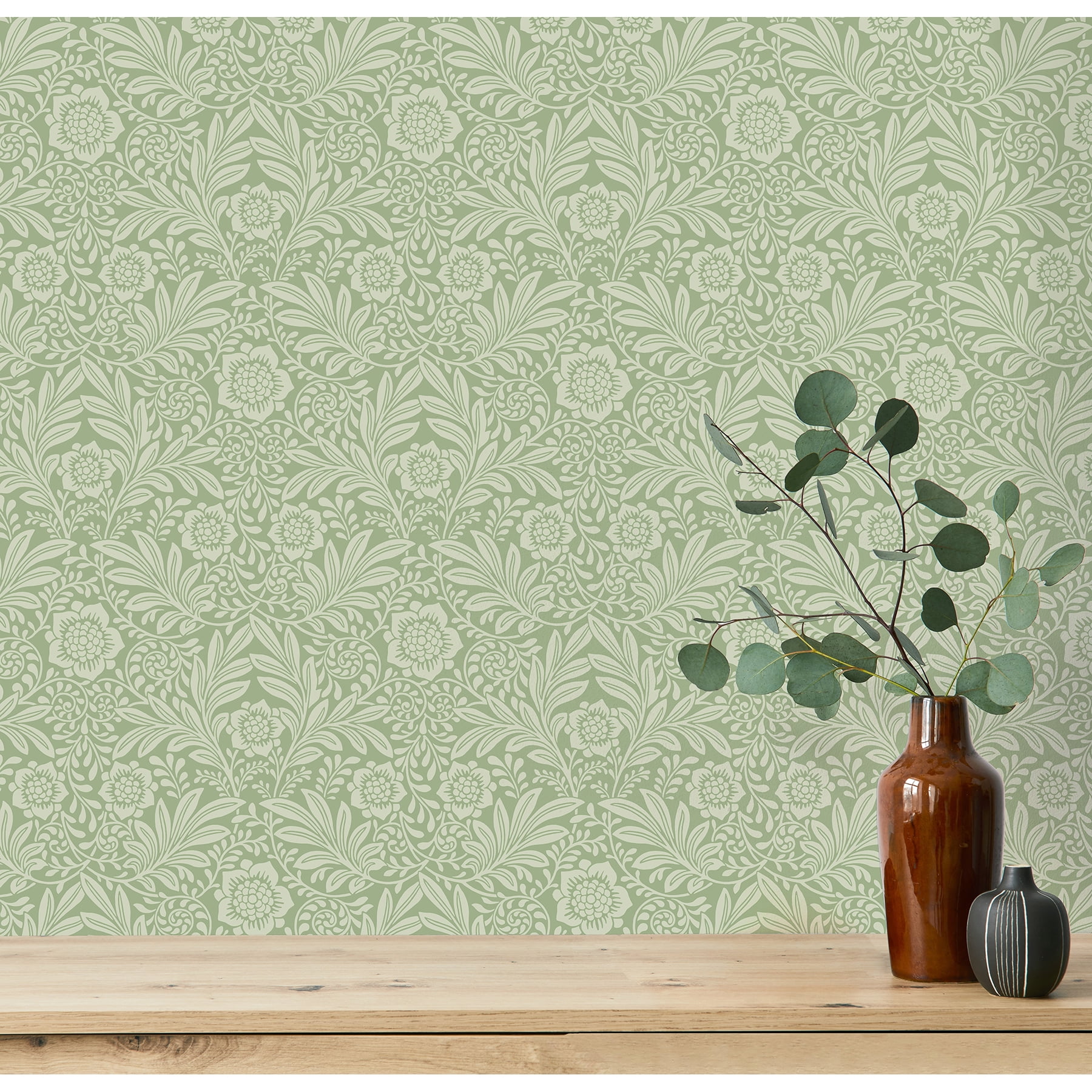 Fine Decor Camille Sage Damask Wallpaper, 20.5-in by 33-ft