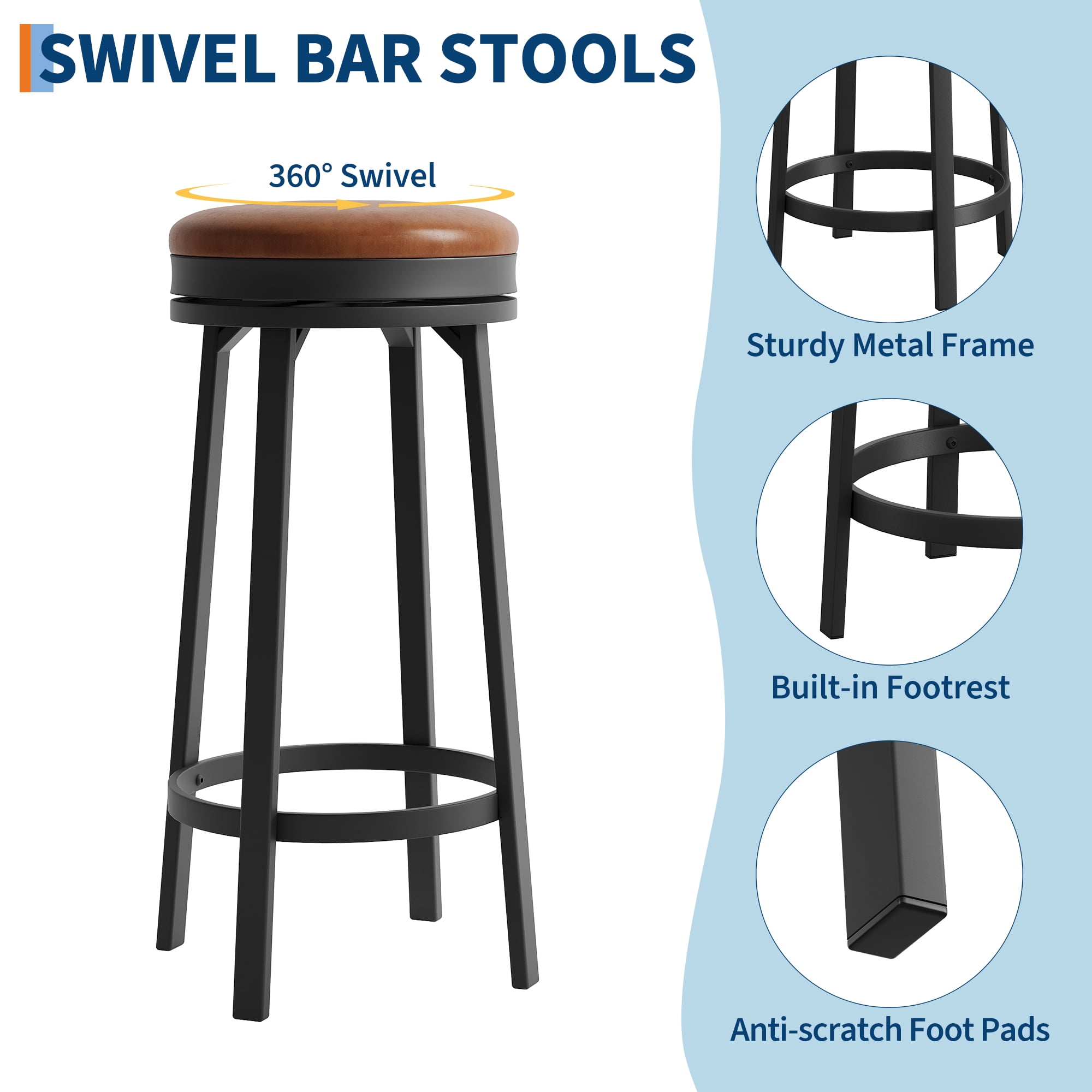 30" Swivel Bar Stools Set of 2/4 with Footrest – Modern Counter Height Stools for Kitchen Island, Bar, or Dining
