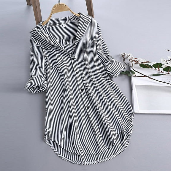 Kiplyki Trendy Women Stripe Long Sleeve Turn-down Collar Button Loose Top Blouse