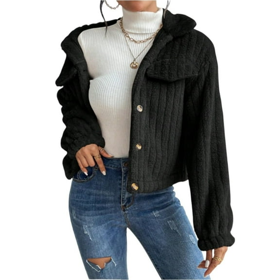 Women's Short Wool Button-Down Lapel Warm Puffy Coat with Pockets