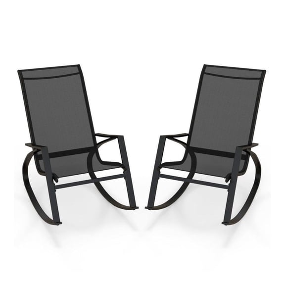 2Patio Rocking Chairs Outdoor Sling Fabric Rockers with Ergonomic Backrest and Seat Black