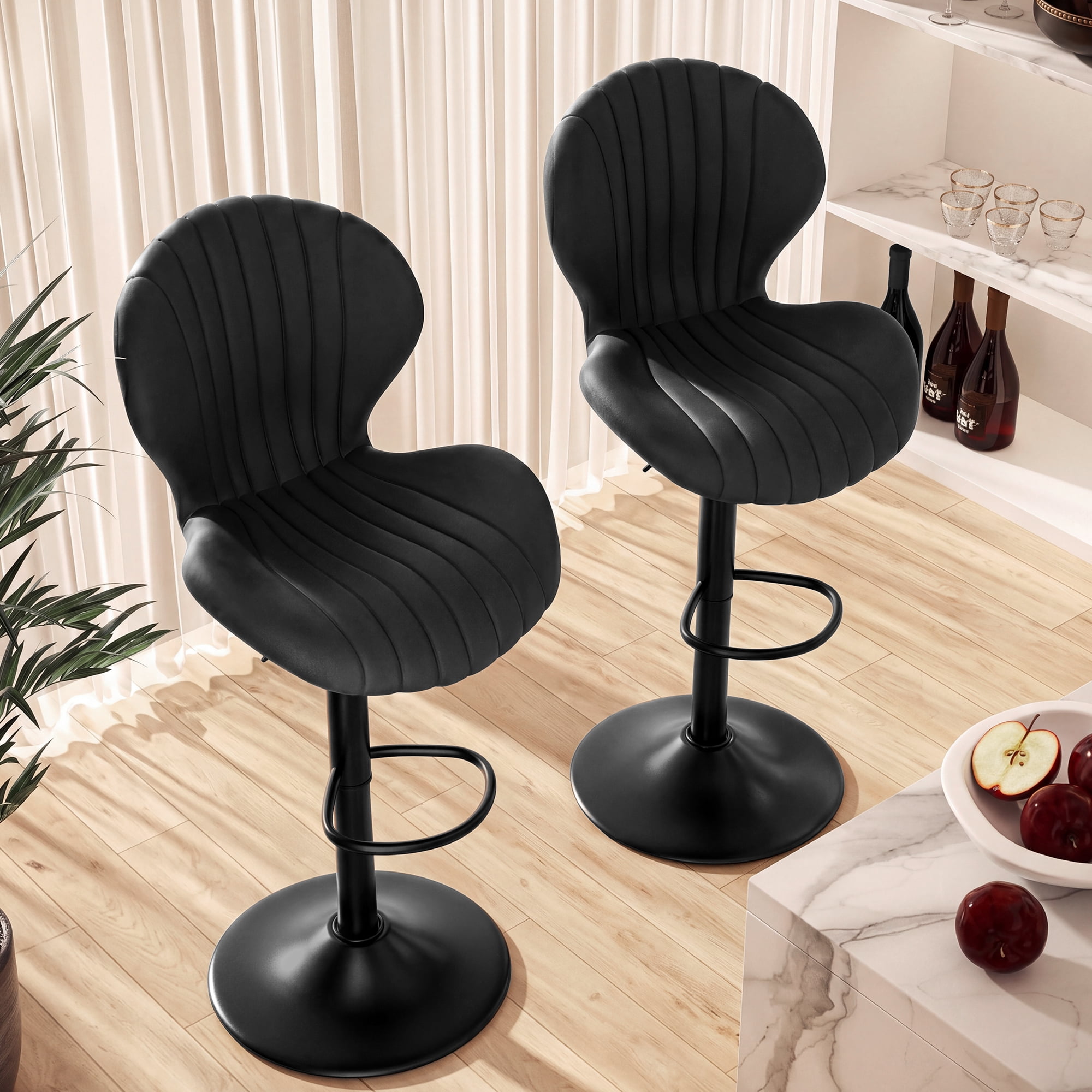 Exnote Bar Stools Set of 2, Modern Swivel Adjustable Bar Chairs, Faux Leather Upholstered Counter Height Bar Stools with Backrest, Comfort Barstools for Kitchen Island, Home Bar, Black
