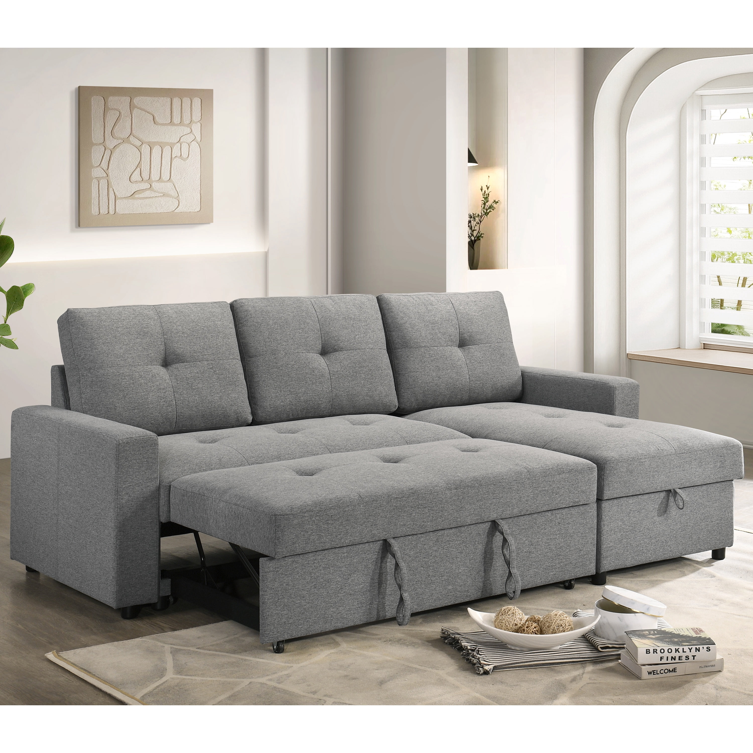 Furniture of America Jovi Modern Fabric L-Shaped Sectional Sofa with Pull Out and Storage Under Chaise, Gray