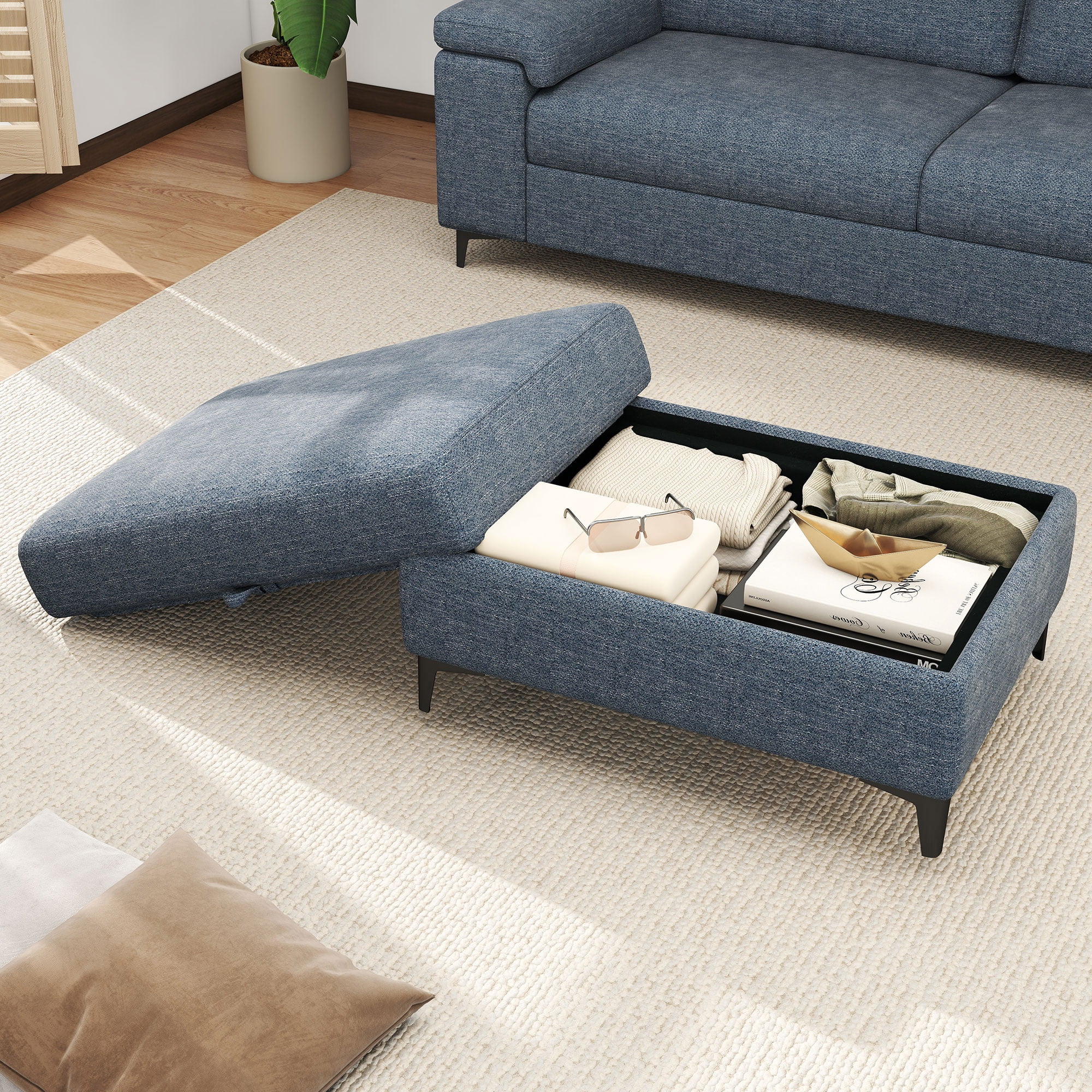 Modular Storage Ottoman for Sectional Sofa Chenille Upholstered Footrest Stool for Living Room Blue