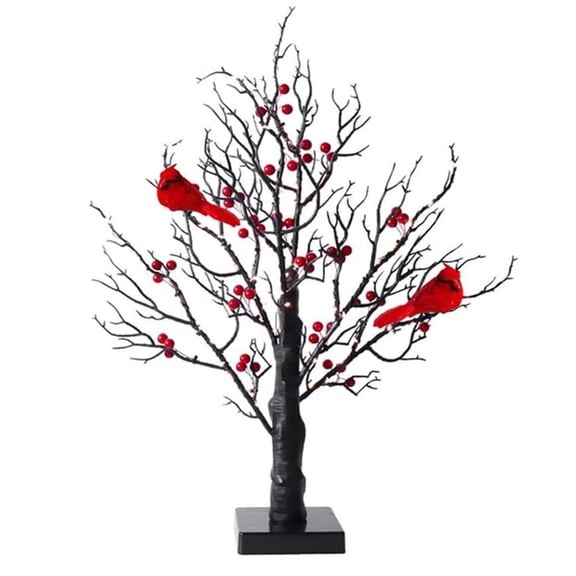 Lighted Birch Tree with Cardinal Birds, LED Tabletop Lamp for Christmas, Holiday and Winter Home Decoration