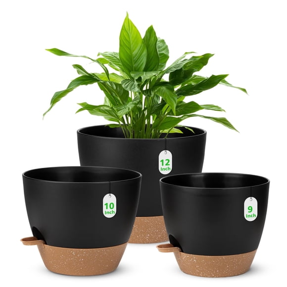 Large Self Watering Plant Pots, 12+10+9Inch Plastic Planters with High Drainage Holes and Deep Reservoir Saucers, Big Flower Pots