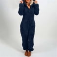 thumbnail image 2 of Gibobby Monos Holgados Pijamas de manga larga de lana artificial para mujer Casual Color sólido Cremallera Suelta con capucha Mono Pijamas Casual Invierno Cálido Orejas lindas(Azul marino， M), 2 of 5