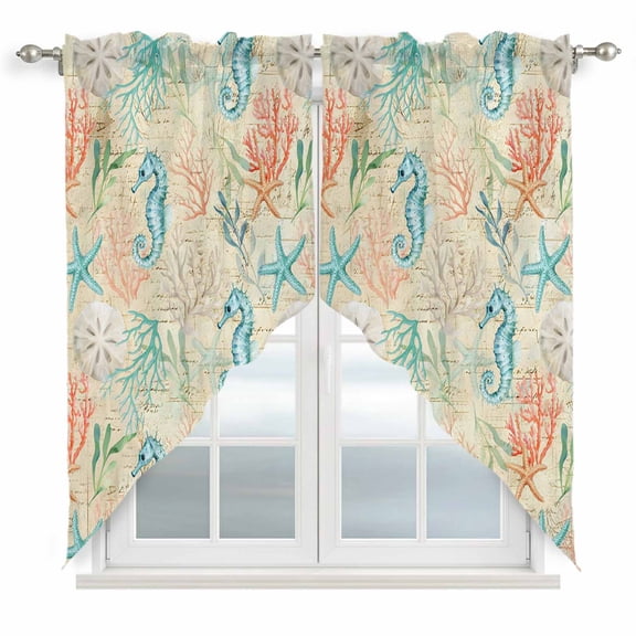 Swag Valance Curtains for Windows, Teal Red Coastal Light Filtering Kitchen Curtains with Rod Pocket, Nautical Seahorse Beach Coral Starfish Beige Window Treatment Valances, 36x63 - 2 PCS
