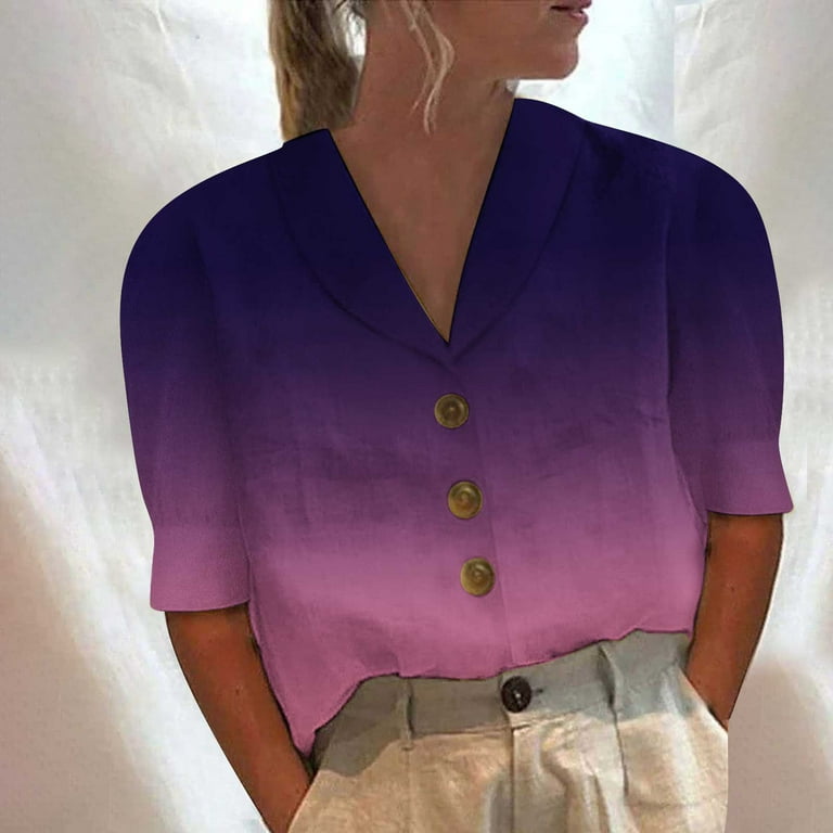 YYDGH Women's Short Sleeve Button Down Shirts Cotton Linen Laple V Neck  Casual Business Work Blouse Tops Purple L 