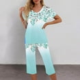 thumbnail image 2 of Pajama Sets for Women 2 Piece Floral Print Soft Cotton Short Sleeve Sleepwear V Neck Top and Capri Pants Pjs Outfits (S, Blue), 2 of 5