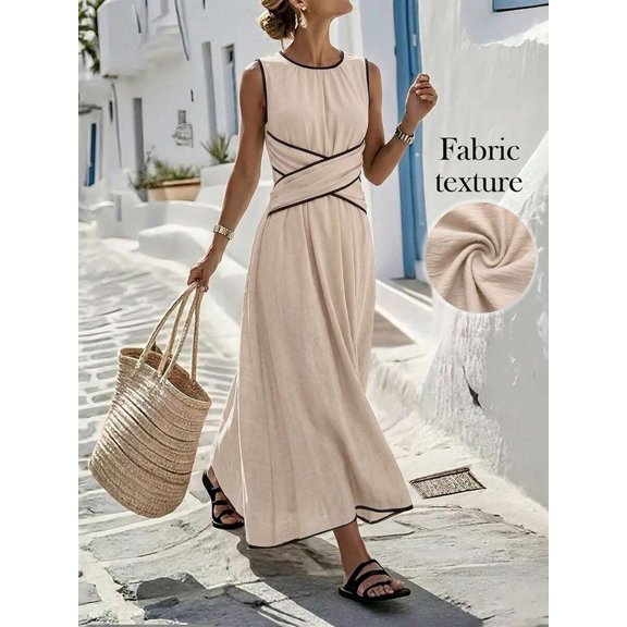 Womens Khaki-2 Criss-Cross Waist Casual Maxi Dress For Summer Vacation