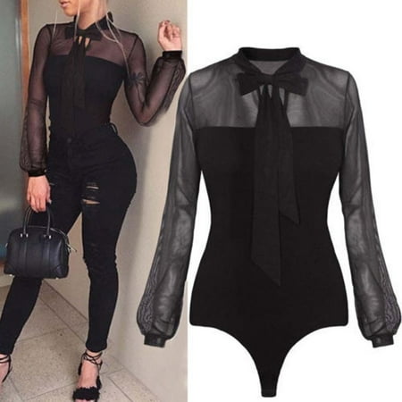 Womens Sexy Long Sleeves Tulle Tops Bodysuit Leotard Lingerie Sleepwear Jumpsuit Black Size S