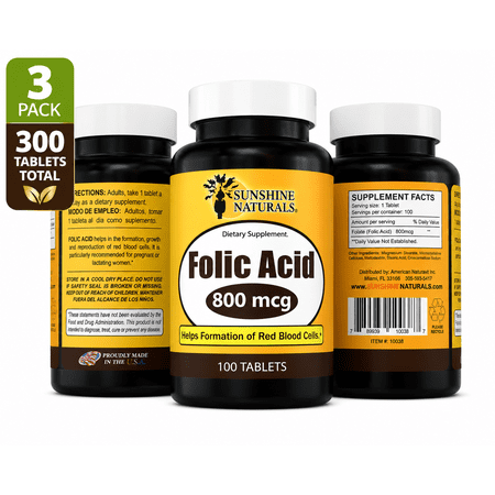 Sunshine Naturals Folic Acid 800mcg (Vitamin B9) Supplement, Supports Red Blood Cell Formation & Prenatal Wellness, 100 Tablets per Bottle, 3-Pack
