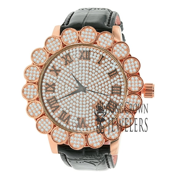 Mens Flower Cluster Bezel Real Diamond Dial Designer Watch Roman Numbers Rose Gold Finish Genuine Leather Band