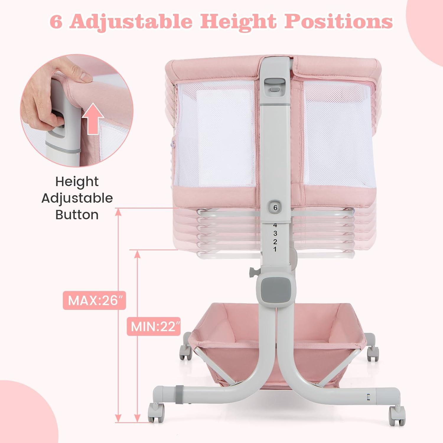 OLAKIDS 3-in-1 Baby Bassinet, Bedside Sleeper with Comfy Mattress, Wheels, 6 Height Adjustable, Storage Basket, Travel Bag, Portable All Mesh Crib for Newborn Infant (Pink)
