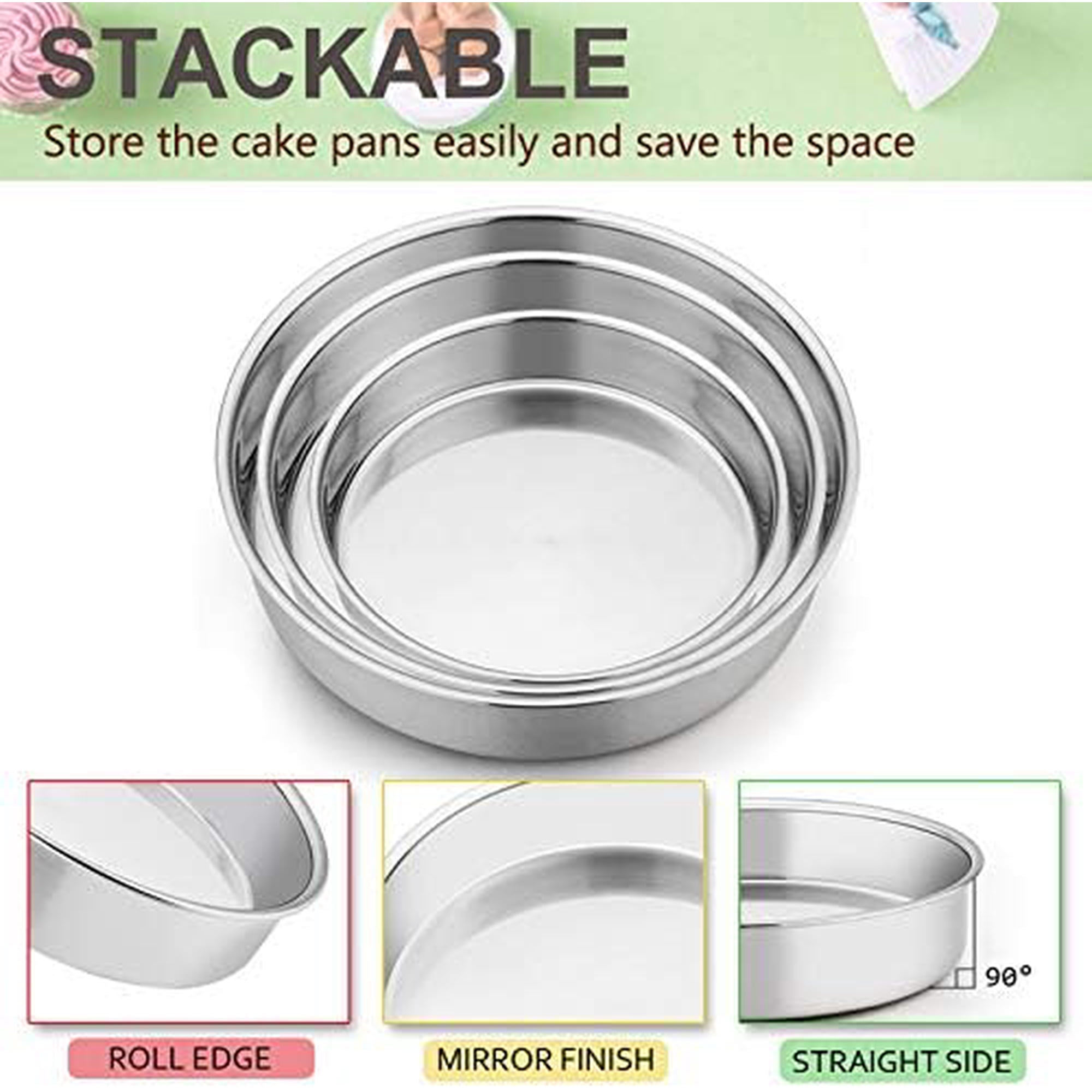 Cake Pan Set of 3 (6 inch/8 inch/9½ inch), Stainless Steel Round Layer Cake Baking Pans, Perfect for Birthday Wedding Tier Cake, Non-Toxic & Healthy, Mirror Finish & Dishwasher Safe