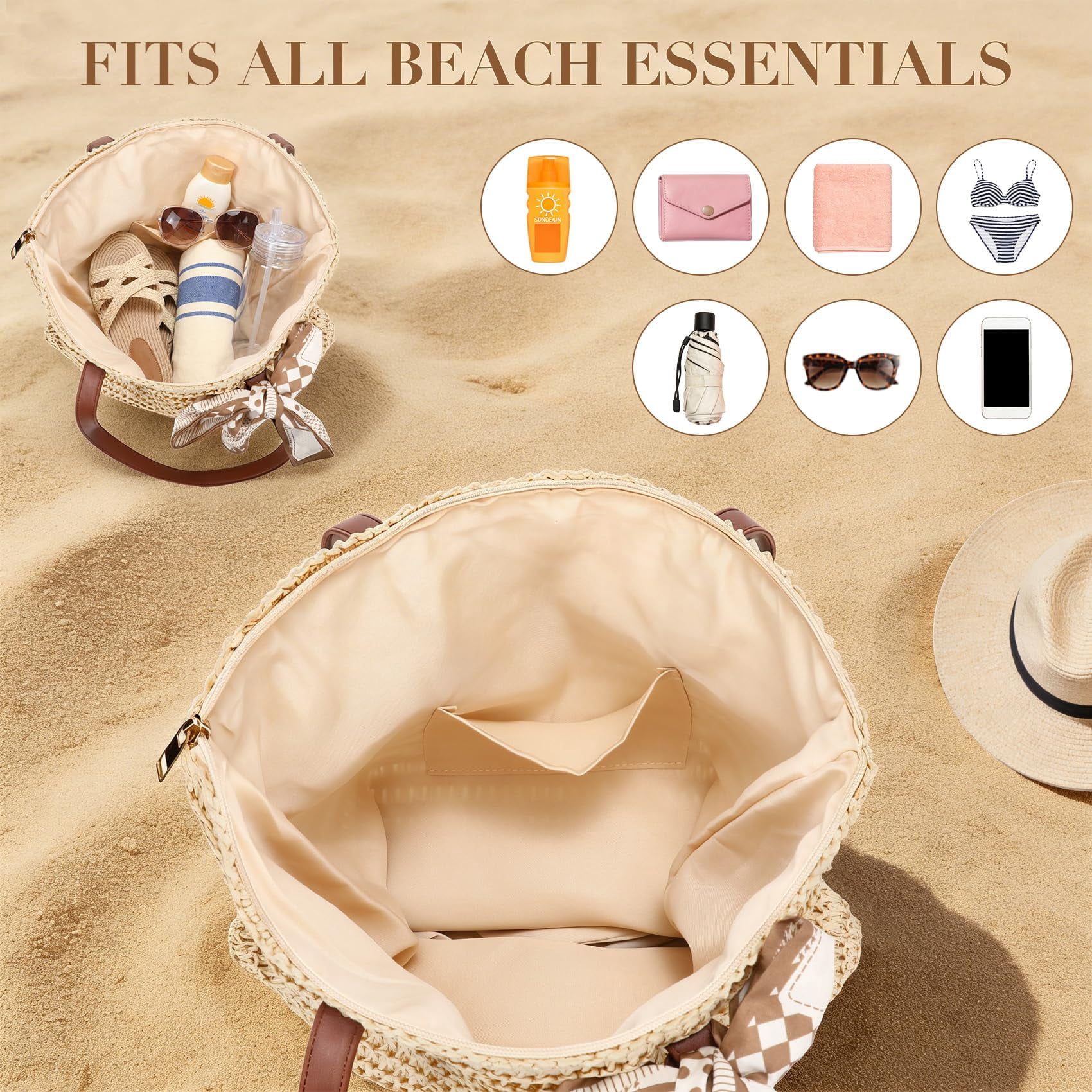 Summer Beach Crochet Bags for Women Knit&Straw Woven Tote Soft Fabric Boho Shoulder Bag for Vacation Shopping