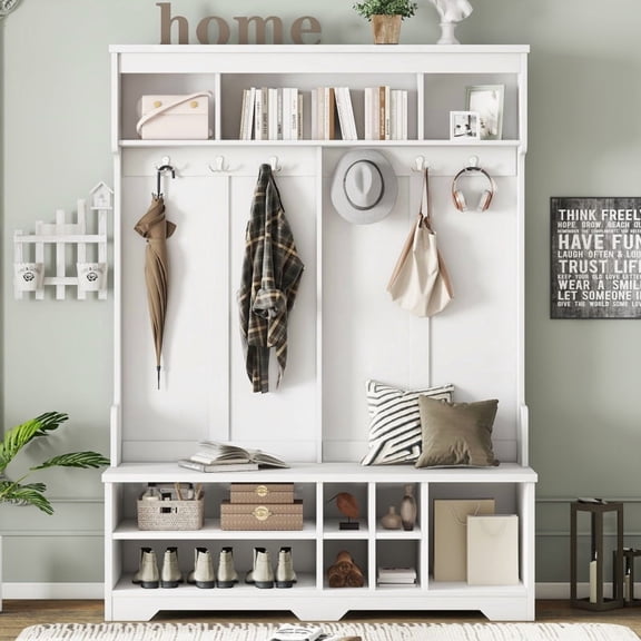 77.3"H White Modern Hall Tree (6 Metal Hooks 3 Compartments – Anti-Tip Device, Shoe Storage Bench, Entryway Coat Rack)