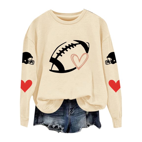 Women's Vintage Football Graphic Crew Neck Long Sleeve Pullover Sweatshirt, Oversized Loose Fit Drop Shoulder Casual Top, for Daily Wear or Trendy Street Style Outfits Beige L