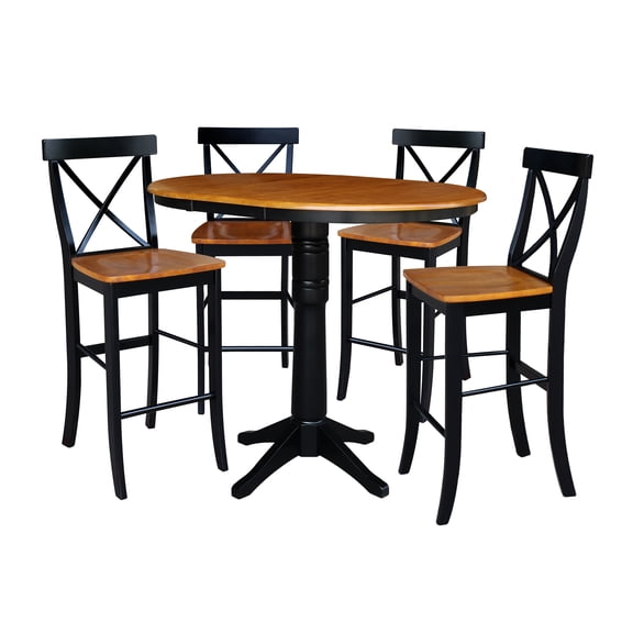 36" Round Extension Dining Table With 4 X-Back Bar Height Stools