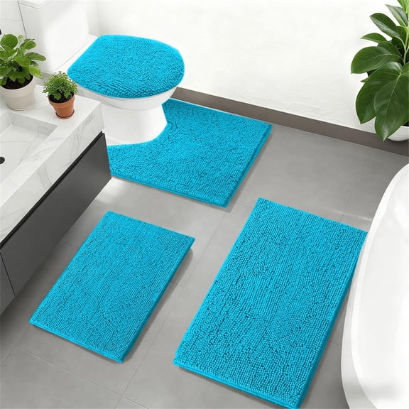 Teal Bathroom Rugs Sets 4 Piece with Toilet Lid Cover, Non Slip Bathroom Mats Extra Soft Chenille Bath Rugs Absorbent Shaggy Rugs Perfect Plush Mats U-Shaped Toilet Rug Bathroom Set