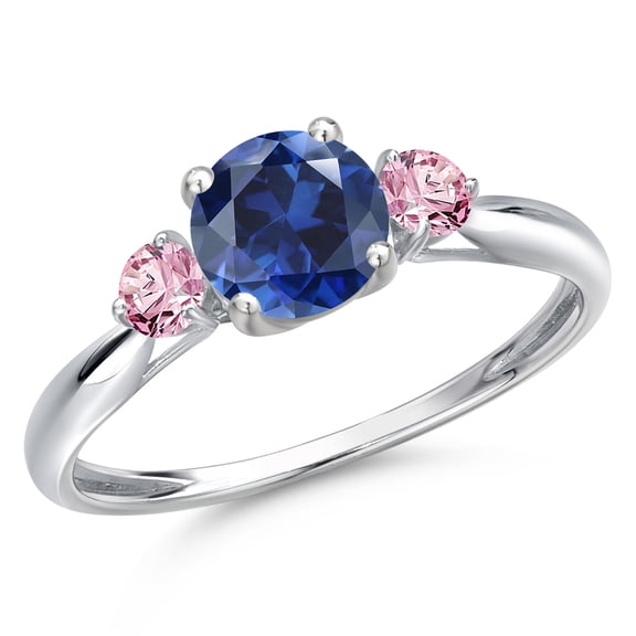 Gem Stone King 10K White Gold Blue Created Sapphire and Pink Lab Grown Diamond 3-Stone Ring for Women | 1.26 Cttw | Round 6MM | Gemstone September Birthstone | Size 7