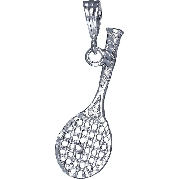 Sterling Silver Tennis Racket Charm Pendant Necklace with Diamond Cut Finish and 24 Inch Figaro Chain